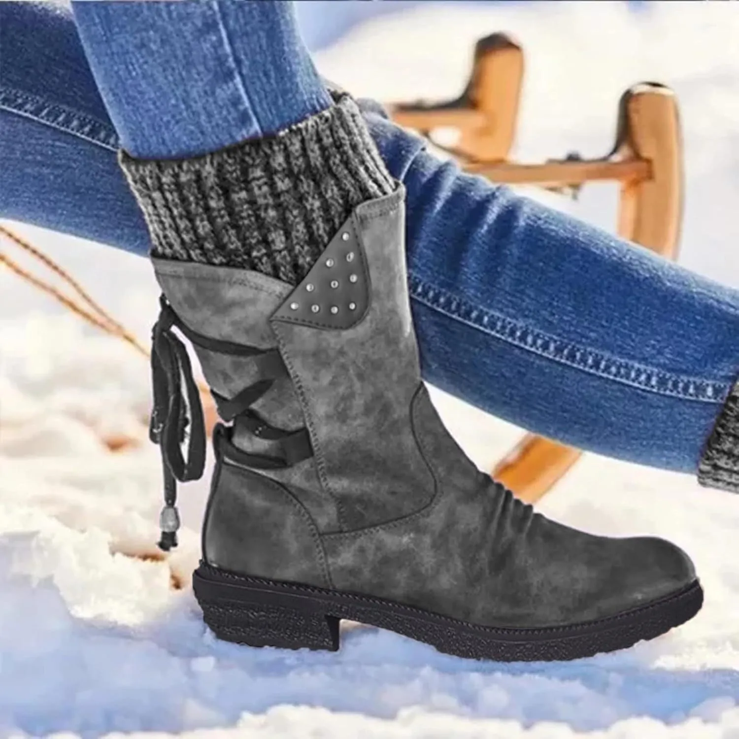 AMDBEL Boots for Women Fashion Dressy, Snow Boots for Women Fur Lined Round Toe Boots Square Heel Outdoor Mid Calf Boots