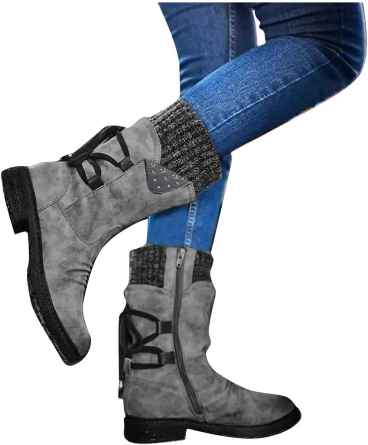 AMDBEL Boots for Women Fashion Dressy, Snow Boots for Women Fur Lined Round Toe Boots Square Heel Outdoor Mid Calf Boots