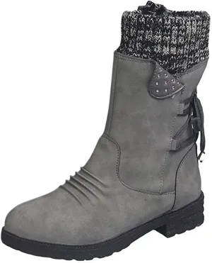 AMDBEL Boots for Women Fashion Dressy, Snow Boots for Women Fur Lined Round Toe Boots Square Heel Outdoor Mid Calf Boots