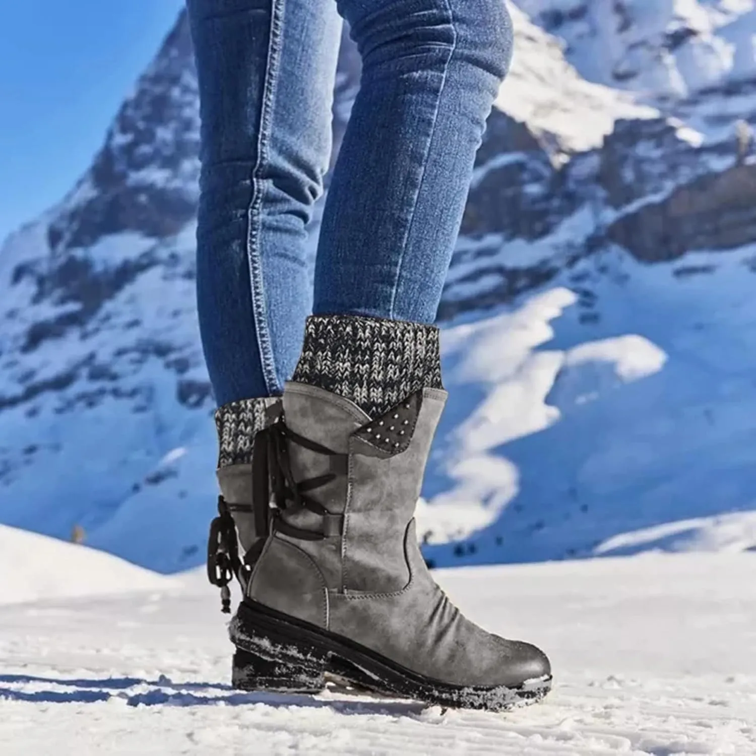 AMDBEL Boots for Women Fashion Dressy, Snow Boots for Women Fur Lined Round Toe Boots Square Heel Outdoor Mid Calf Boots