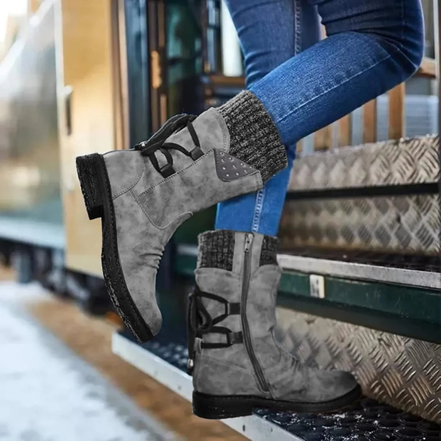 AMDBEL Boots for Women Fashion Dressy, Snow Boots for Women Fur Lined Round Toe Boots Square Heel Outdoor Mid Calf Boots