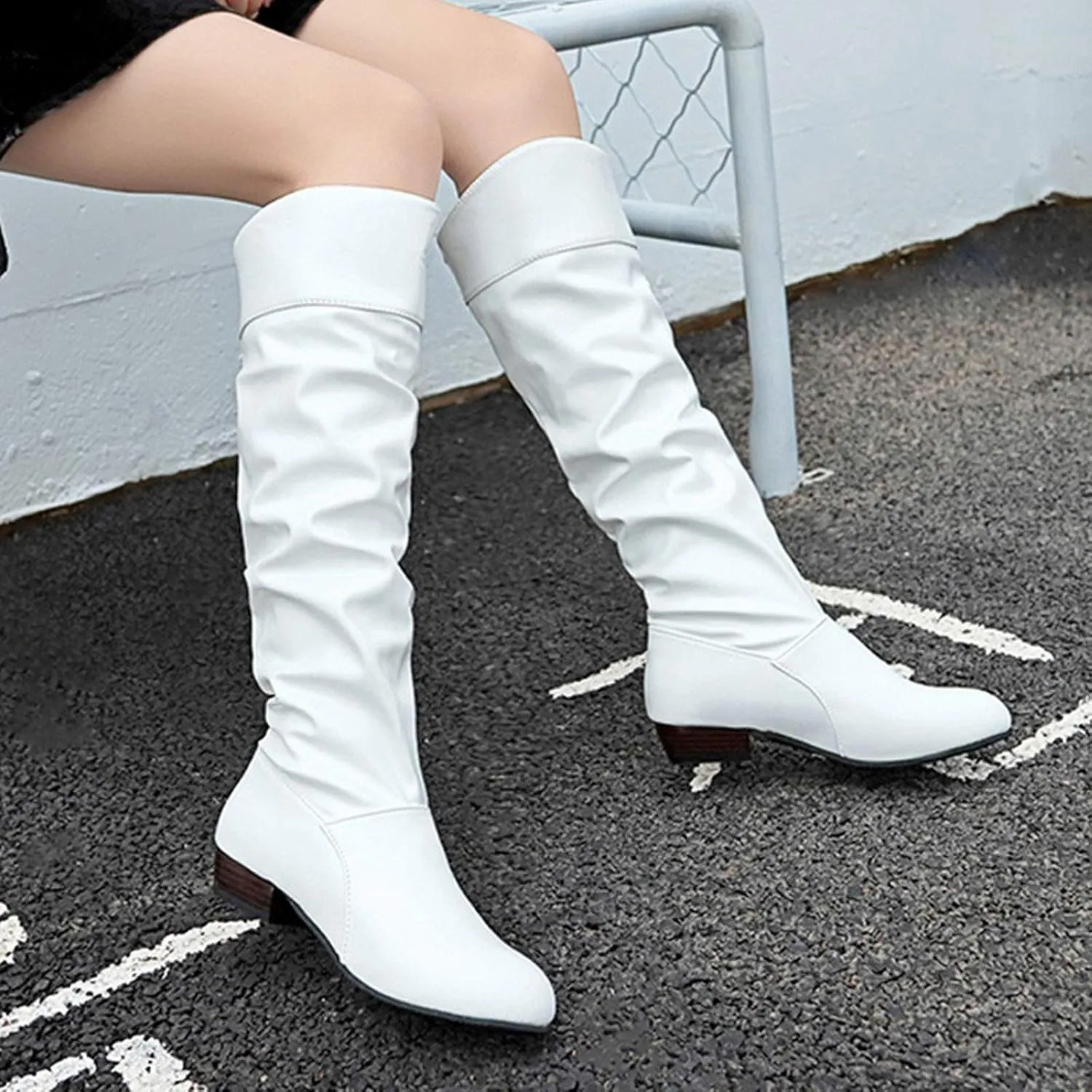 AMDBEL Boots for Women Knee High Wide Calf Boots Low Chunky Heel Boots Fashion Slip-On Leather Long Boots Fall Winter Shoes