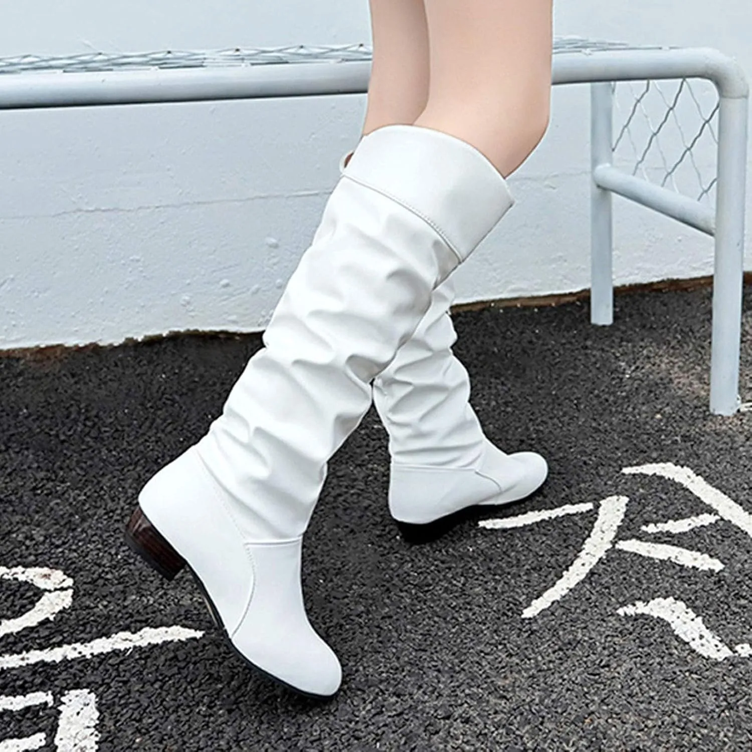 AMDBEL Boots for Women Knee High Wide Calf Boots Low Chunky Heel Boots Fashion Slip-On Leather Long Boots Fall Winter Shoes