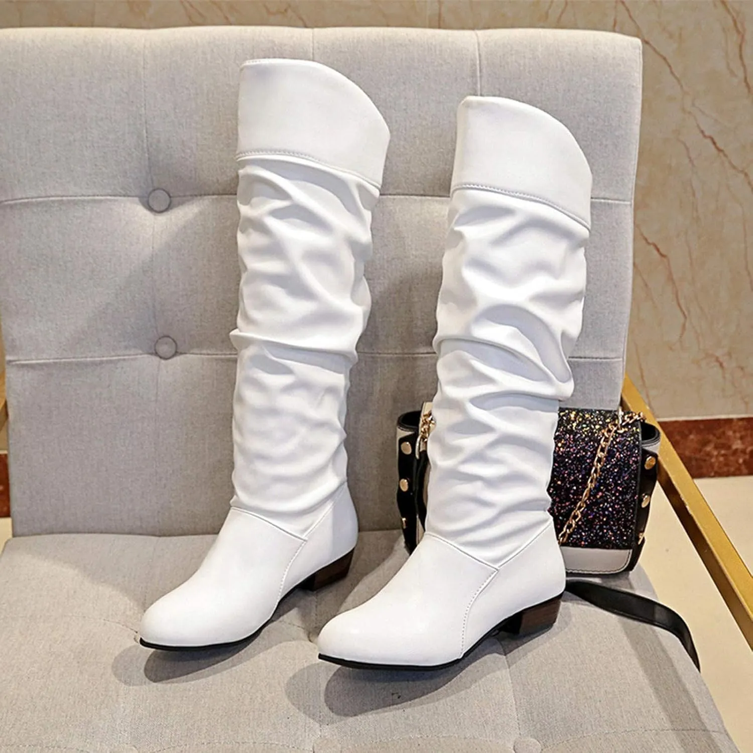 AMDBEL Boots for Women Knee High Wide Calf Boots Low Chunky Heel Boots Fashion Slip-On Leather Long Boots Fall Winter Shoes