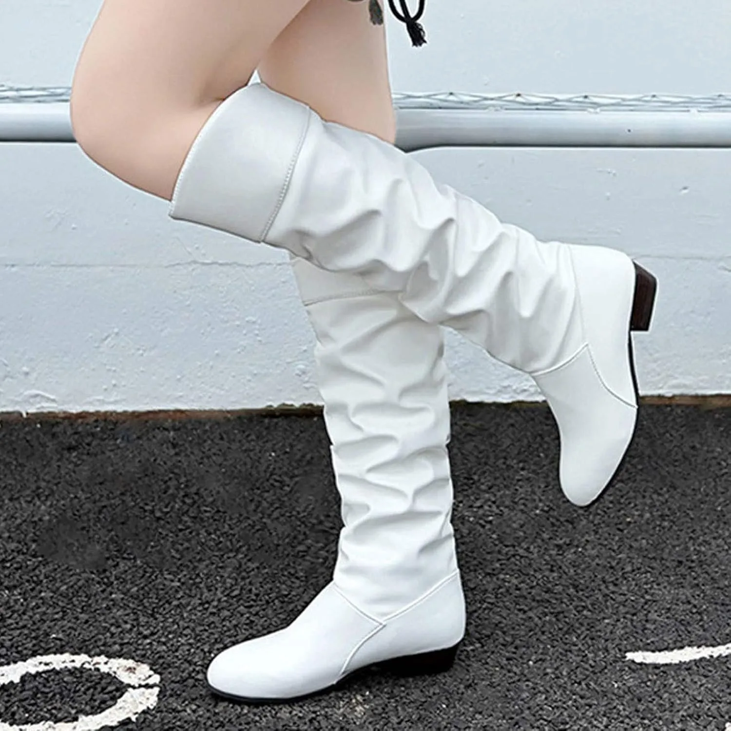 AMDBEL Boots for Women Knee High Wide Calf Boots Low Chunky Heel Boots Fashion Slip-On Leather Long Boots Fall Winter Shoes