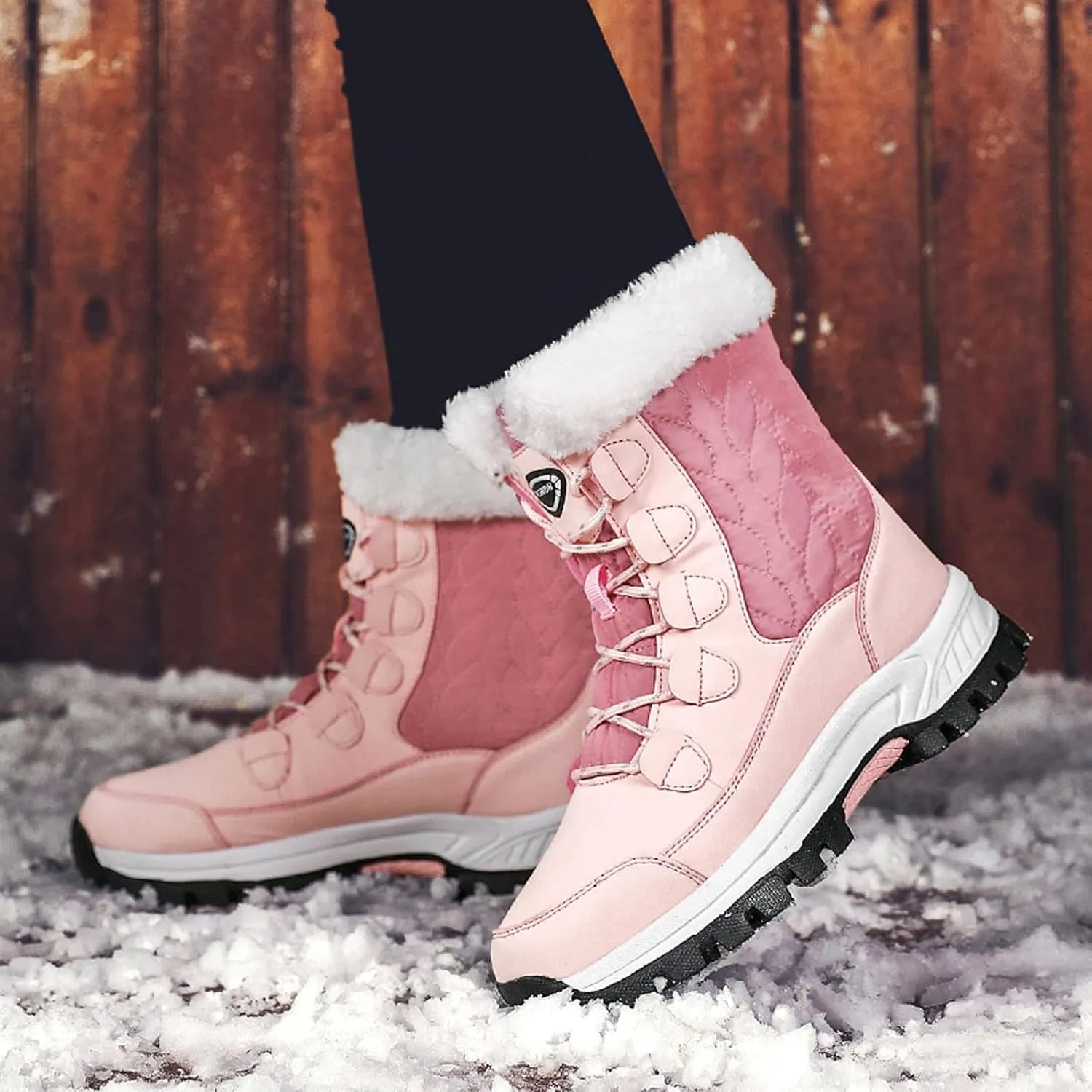 Ankle Boots for Women Comfy Warm Round Toe Leather Waterproof Lace Up Flat Heel Snow Boots Women's Long Boots