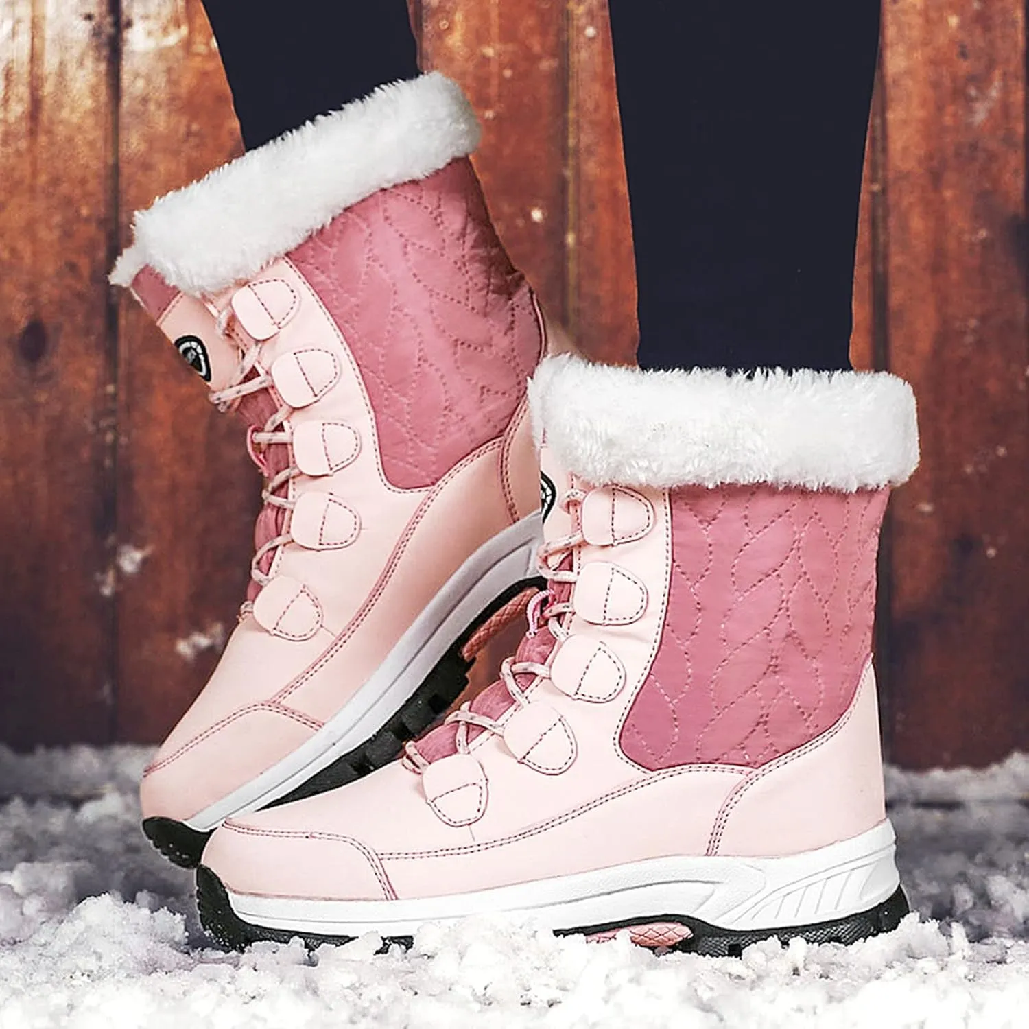 Ankle Boots for Women Comfy Warm Round Toe Leather Waterproof Lace Up Flat Heel Snow Boots Women's Long Boots