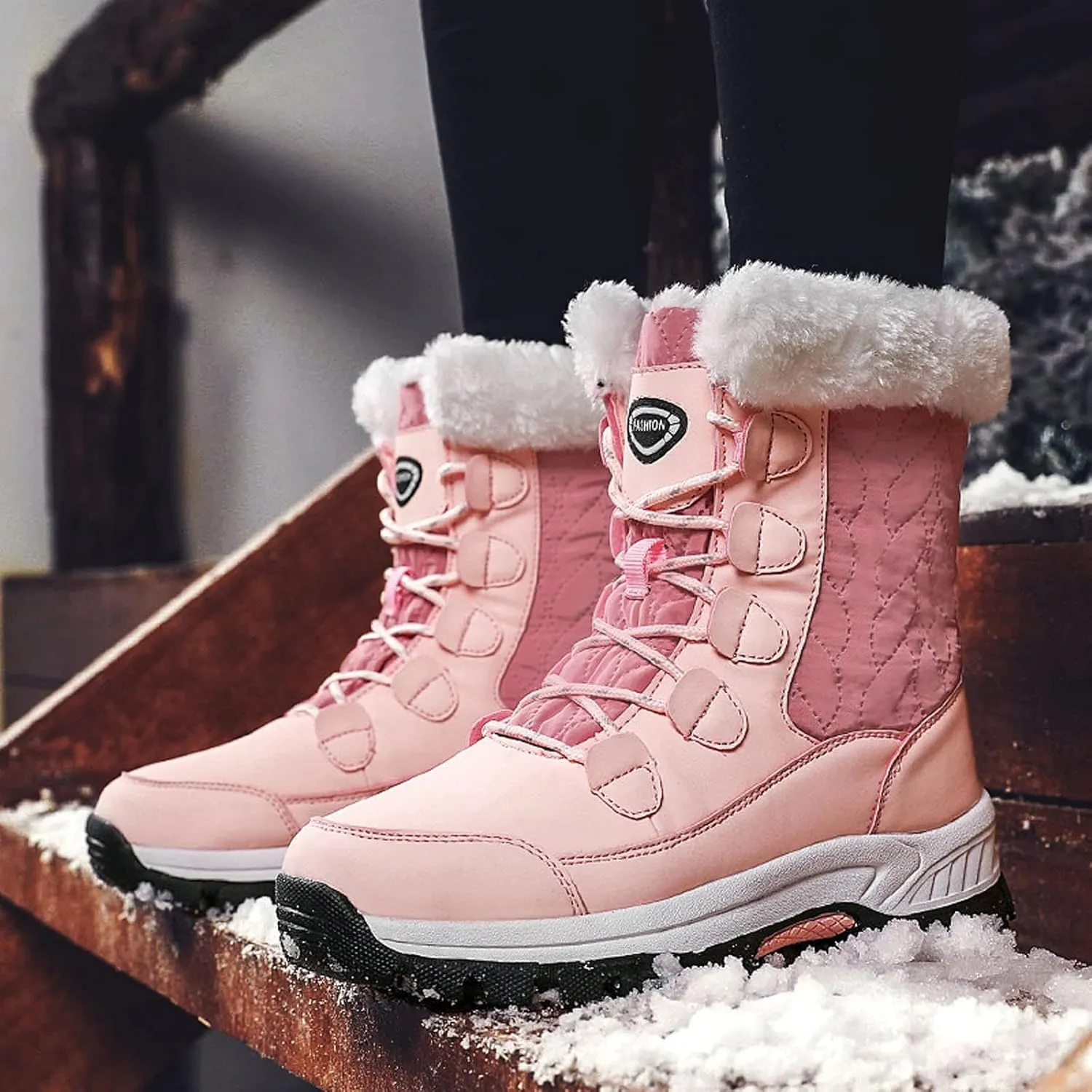 Ankle Boots for Women Comfy Warm Round Toe Leather Waterproof Lace Up Flat Heel Snow Boots Women's Long Boots
