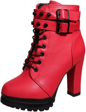 Ankle Boots for Women Comfy Womens Boots Ankle Heels Round Toe Leather Lace Up Rivet Women's Short Boots Heeled Boots