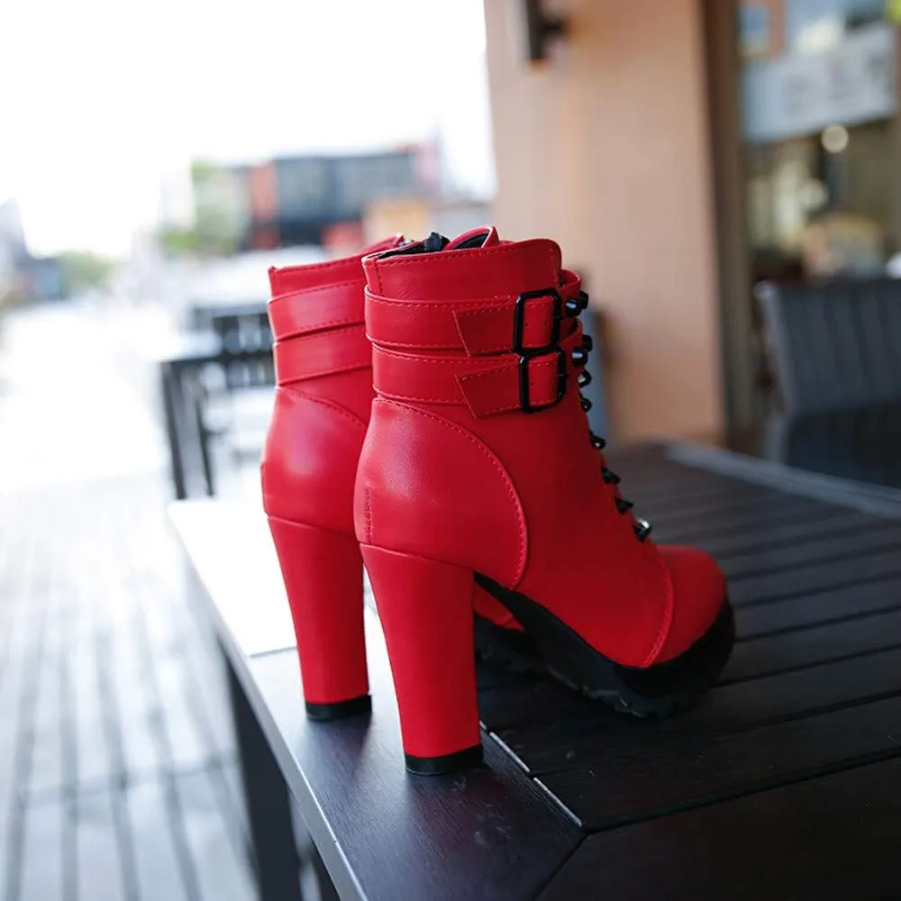 Ankle Boots for Women Comfy Womens Boots Ankle Heels Round Toe Leather Lace Up Rivet Women's Short Boots Heeled Boots