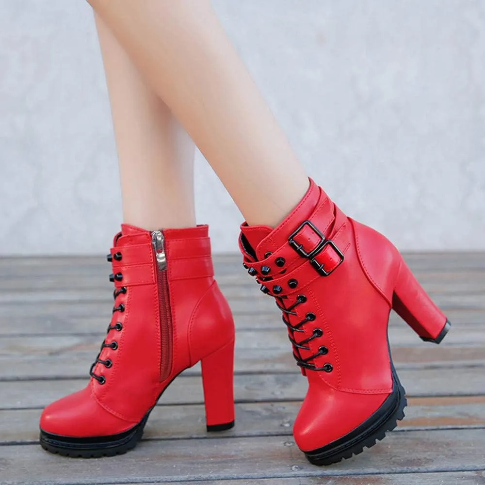 Ankle Boots for Women Comfy Womens Boots Ankle Heels Round Toe Leather Lace Up Rivet Women's Short Boots Heeled Boots