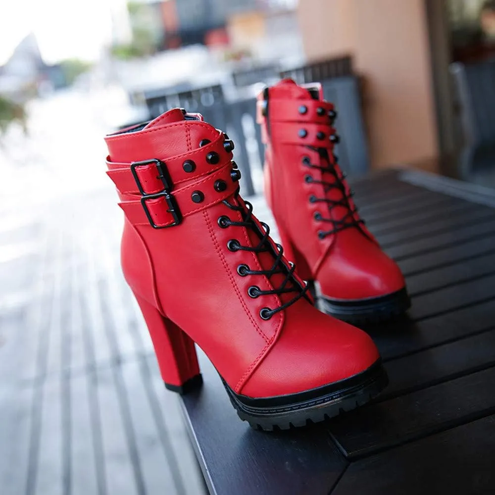 Ankle Boots for Women Comfy Womens Boots Ankle Heels Round Toe Leather Lace Up Rivet Women's Short Boots Heeled Boots