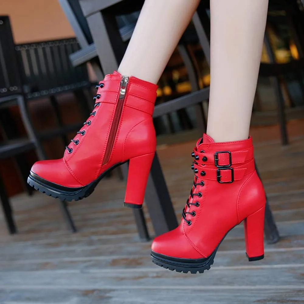 Ankle Boots for Women Comfy Womens Boots Ankle Heels Round Toe Leather Lace Up Rivet Women's Short Boots Heeled Boots
