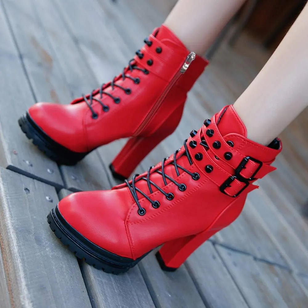 Ankle Boots for Women Comfy Womens Boots Ankle Heels Round Toe Leather Lace Up Rivet Women's Short Boots Heeled Boots