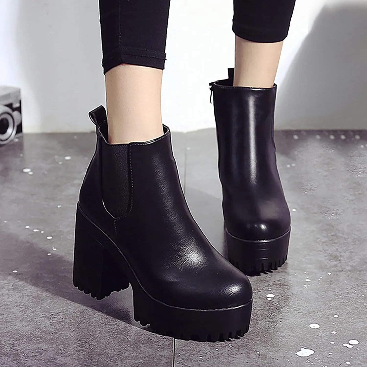Ankle Boots for Women Platform Boots Leather Slip on Thick Chunky Heel Fashion Boots Outdoor Shoes Black Boots Women
