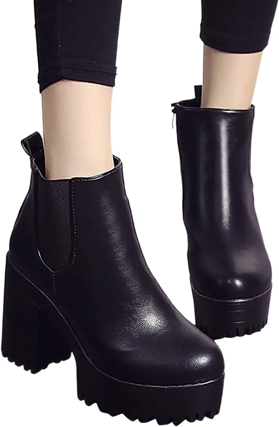 Ankle Boots for Women Platform Boots Leather Slip on Thick Chunky Heel Fashion Boots Outdoor Shoes Black Boots Women