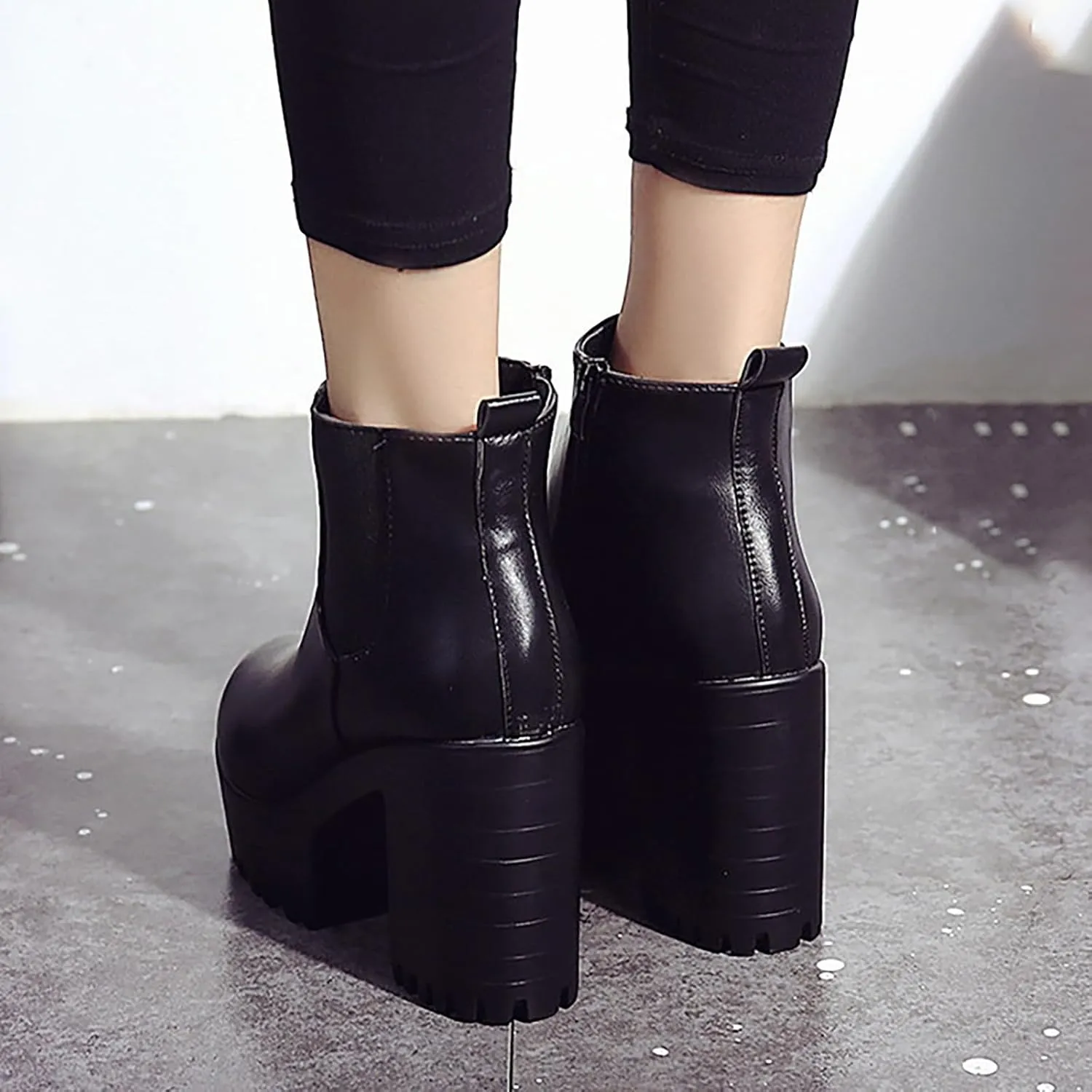 Ankle Boots for Women Platform Boots Leather Slip on Thick Chunky Heel Fashion Boots Outdoor Shoes Black Boots Women