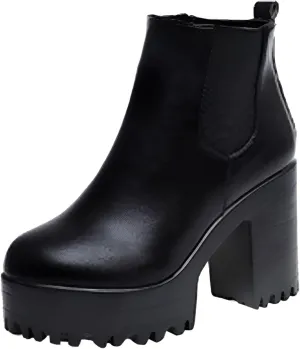 Ankle Boots for Women Platform Boots Leather Slip on Thick Chunky Heel Fashion Boots Outdoor Shoes Black Boots Women