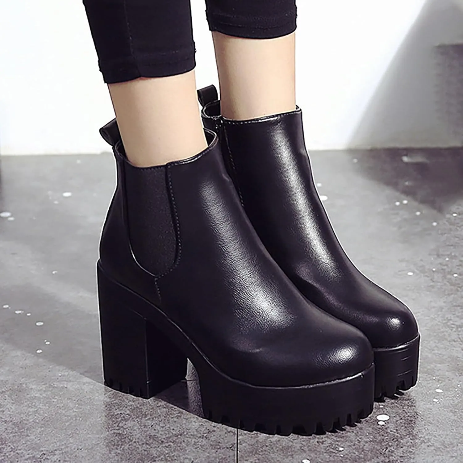 Ankle Boots for Women Platform Boots Leather Slip on Thick Chunky Heel Fashion Boots Outdoor Shoes Black Boots Women