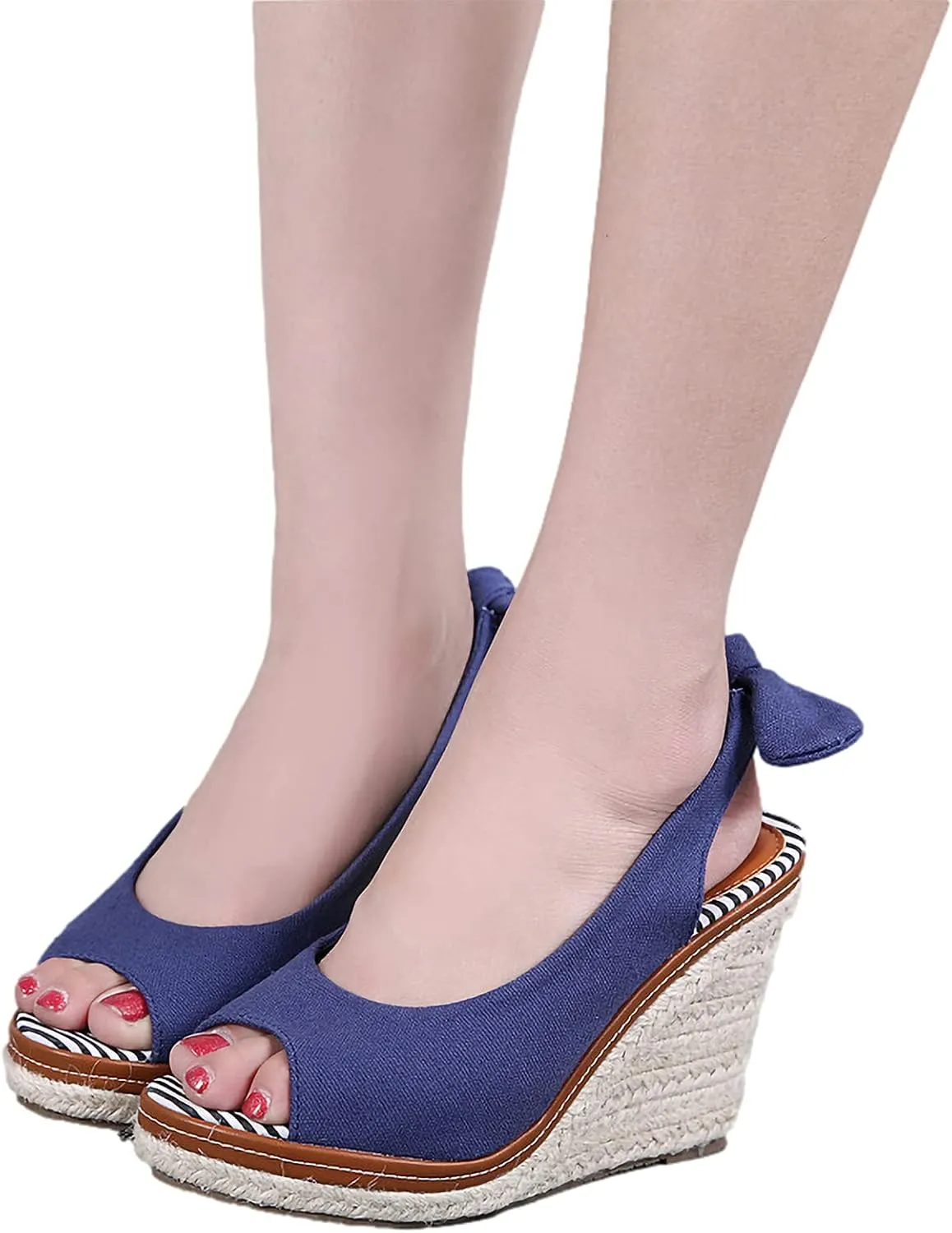 ANUFER Womens Elegant Wedge Heel Peep Toe Espadrilles Sandals Slingback Pumps Summer Canvas Shoes