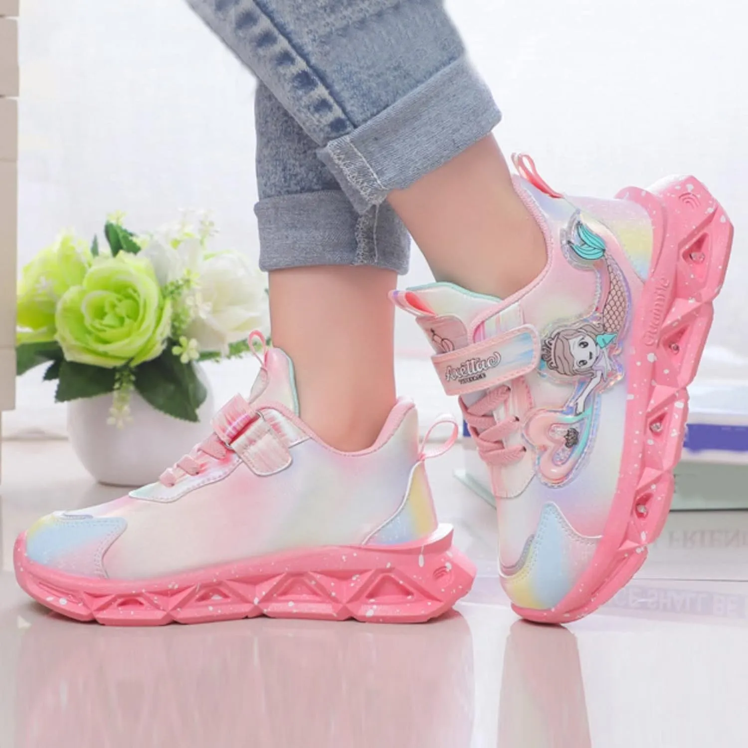 Baby Girls Sneakers LED Lighted Shoes Hook Loop Soft Sole Mesh Non-Slip Sneakers for Toddler/Little Kid/Big Kid