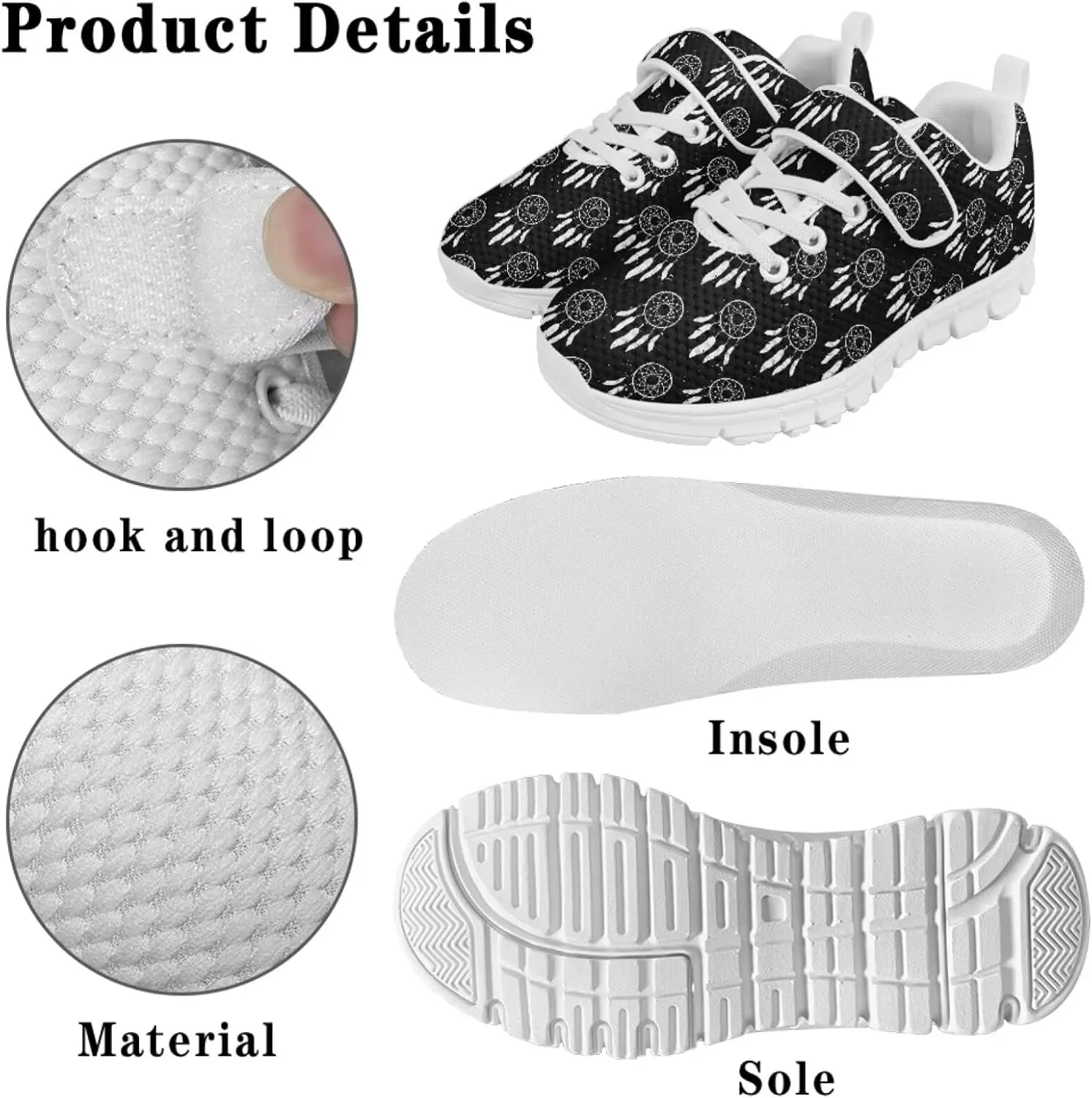 Black Print Kids Sneakers Boys Athletic Running Shoes Single Buckle Girls Running Tennis Mesh Shoes