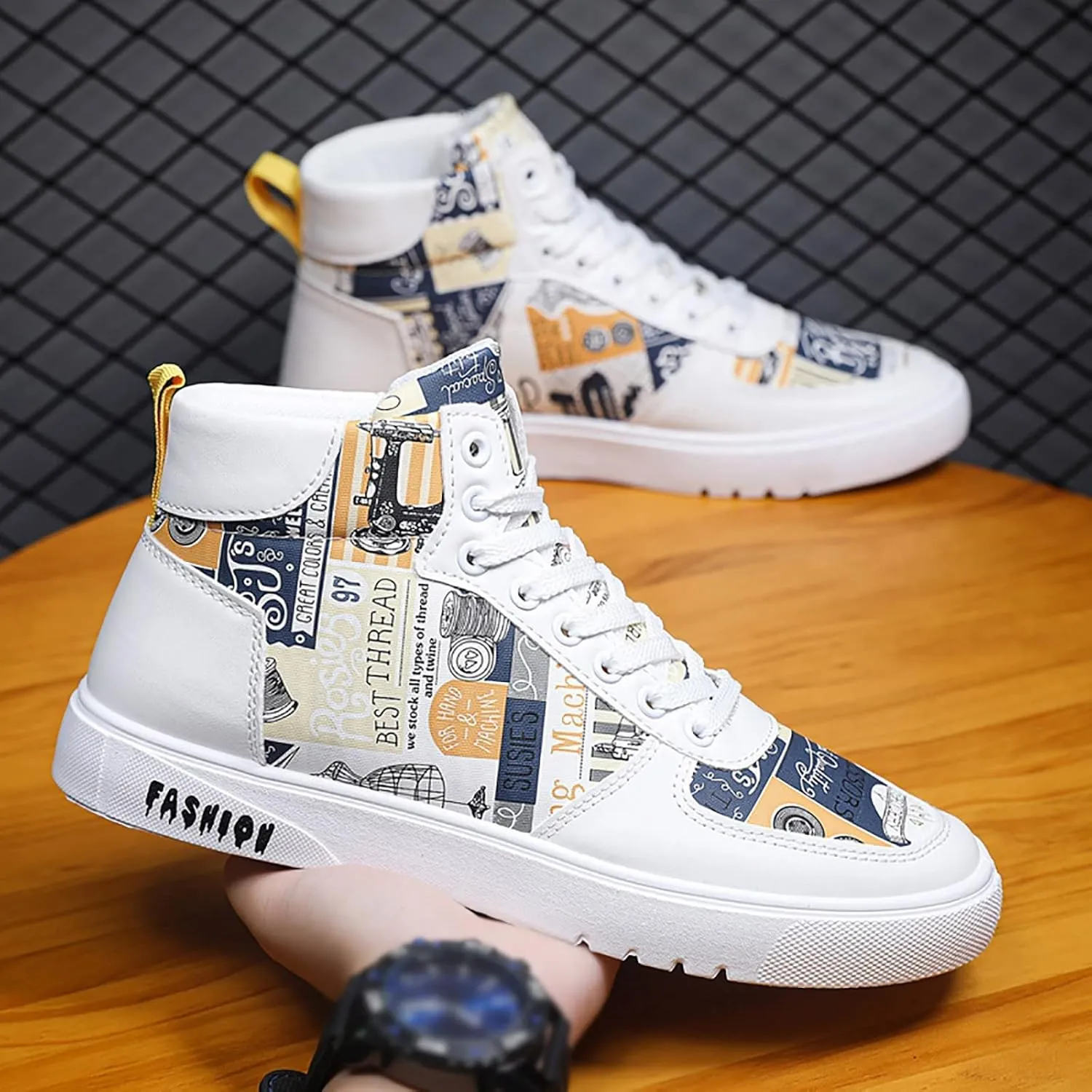 BORAMAX Men's White Canvas Shoes High Top Canvas Sneakers Classic Lace-Up Walking Shoes Light-Weight Casual Shoe Tennis Shoes
