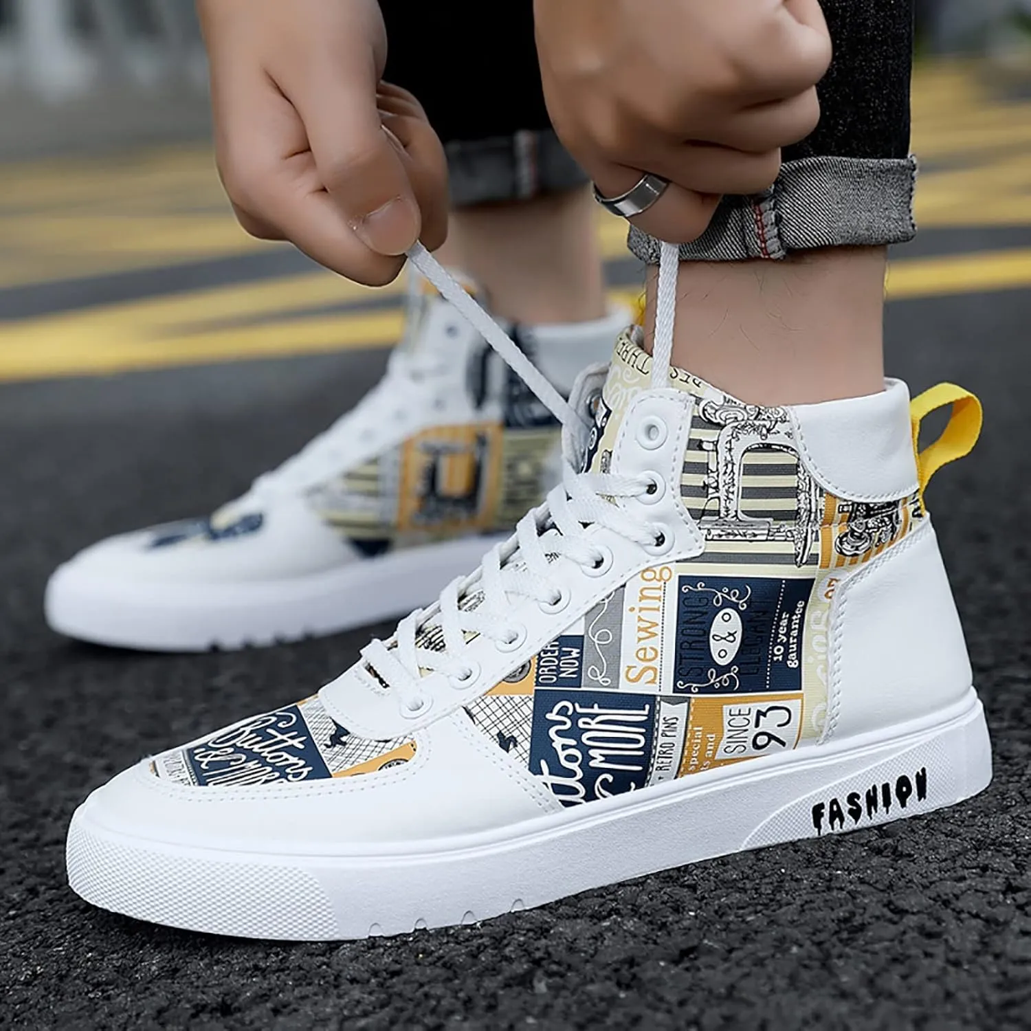 BORAMAX Men's White Canvas Shoes High Top Canvas Sneakers Classic Lace-Up Walking Shoes Light-Weight Casual Shoe Tennis Shoes