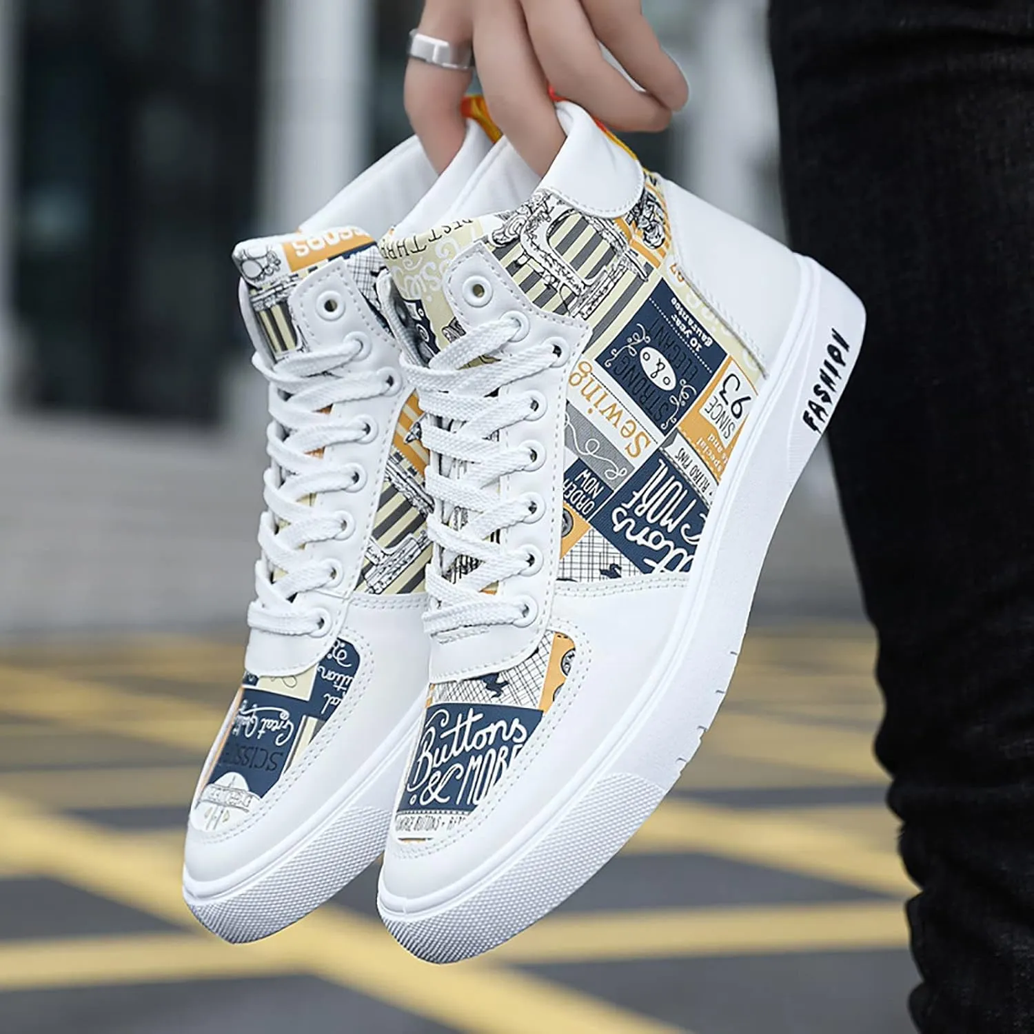 BORAMAX Men's White Canvas Shoes High Top Canvas Sneakers Classic Lace-Up Walking Shoes Light-Weight Casual Shoe Tennis Shoes