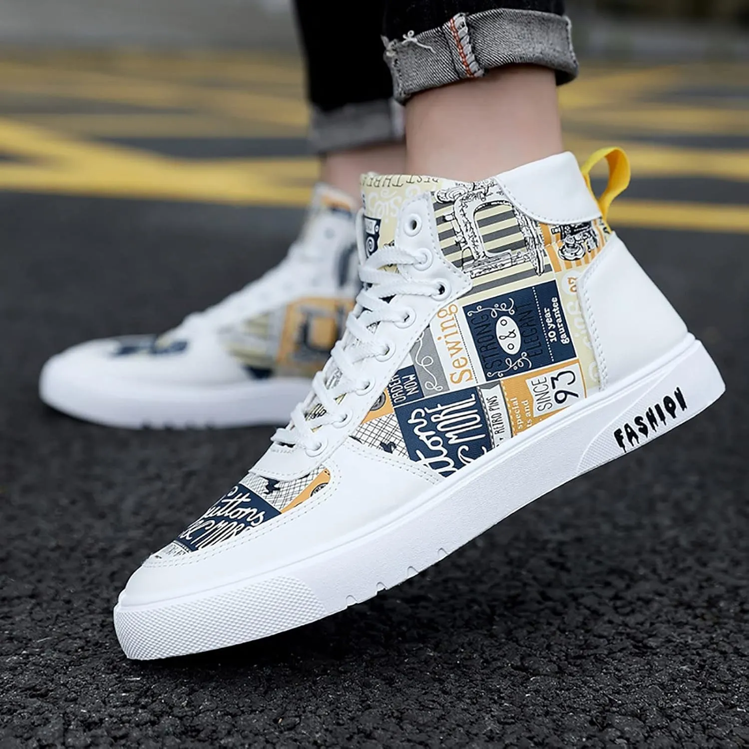 BORAMAX Men's White Canvas Shoes High Top Canvas Sneakers Classic Lace-Up Walking Shoes Light-Weight Casual Shoe Tennis Shoes