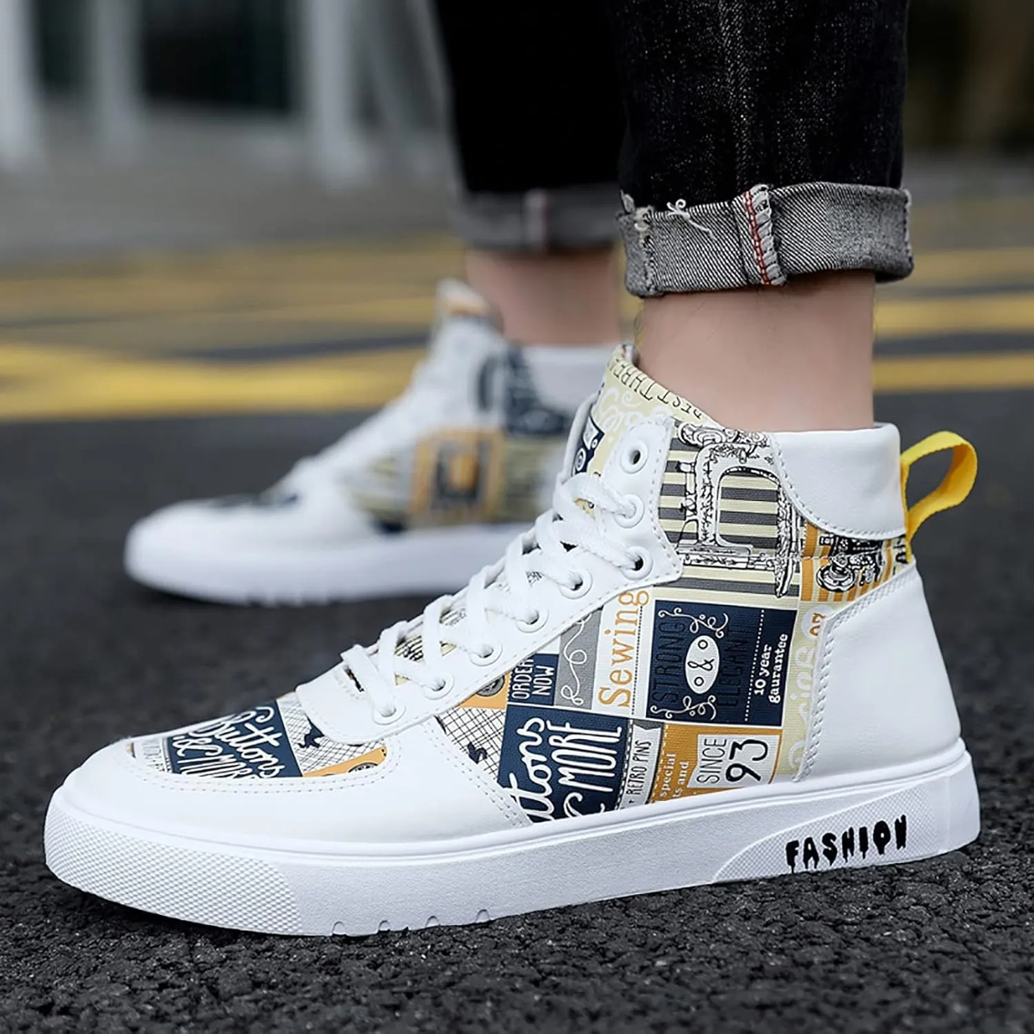BORAMAX Men's White Canvas Shoes High Top Canvas Sneakers Classic Lace-Up Walking Shoes Light-Weight Casual Shoe Tennis Shoes