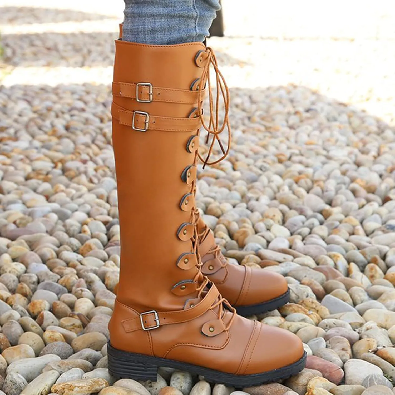 Combat Boots for Women Knee High Boots Military Boots Fashionable Round Toe Chunky Heel Rubber Zip up Outdoor Boots