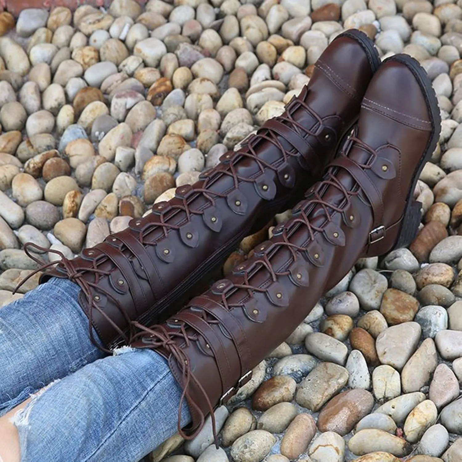 Combat Boots for Women Knee High Boots Military Boots Fashionable Round Toe Chunky Heel Rubber Zip up Outdoor Boots