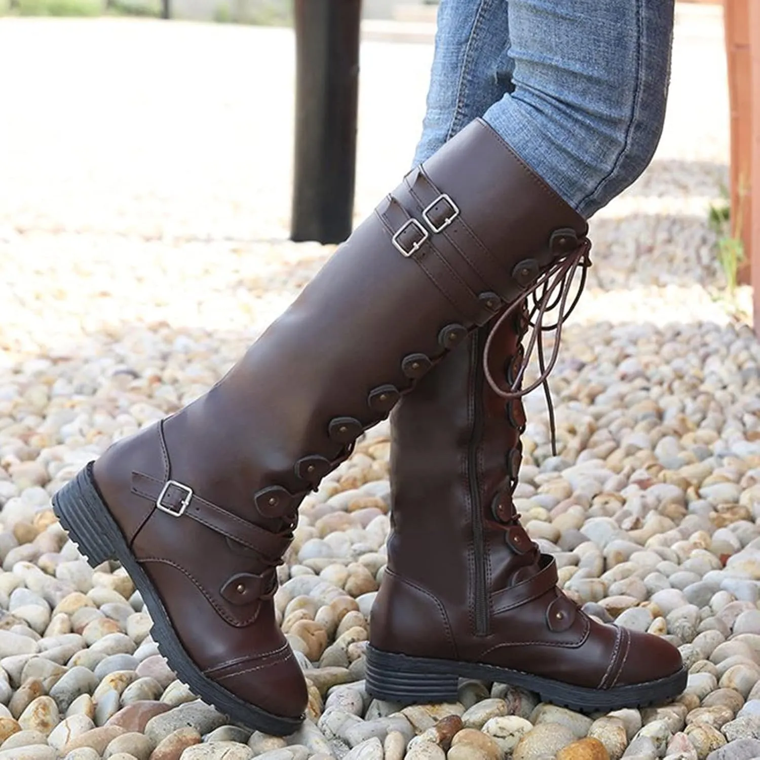 Combat Boots for Women Knee High Boots Military Boots Fashionable Round Toe Chunky Heel Rubber Zip up Outdoor Boots