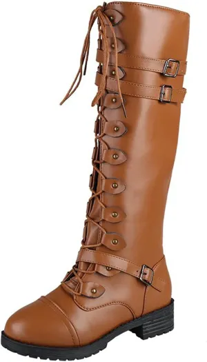 Combat Boots for Women Knee High Boots Military Boots Fashionable Round Toe Chunky Heel Rubber Zip up Outdoor Boots