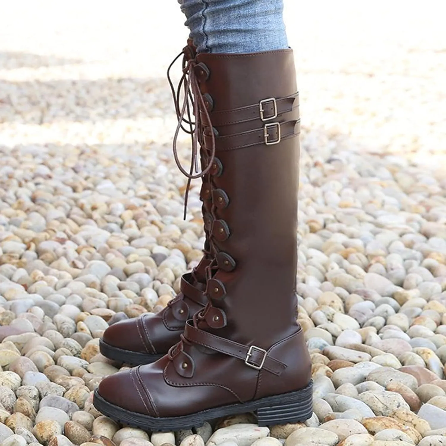 Combat Boots for Women Knee High Boots Military Boots Fashionable Round Toe Chunky Heel Rubber Zip up Outdoor Boots