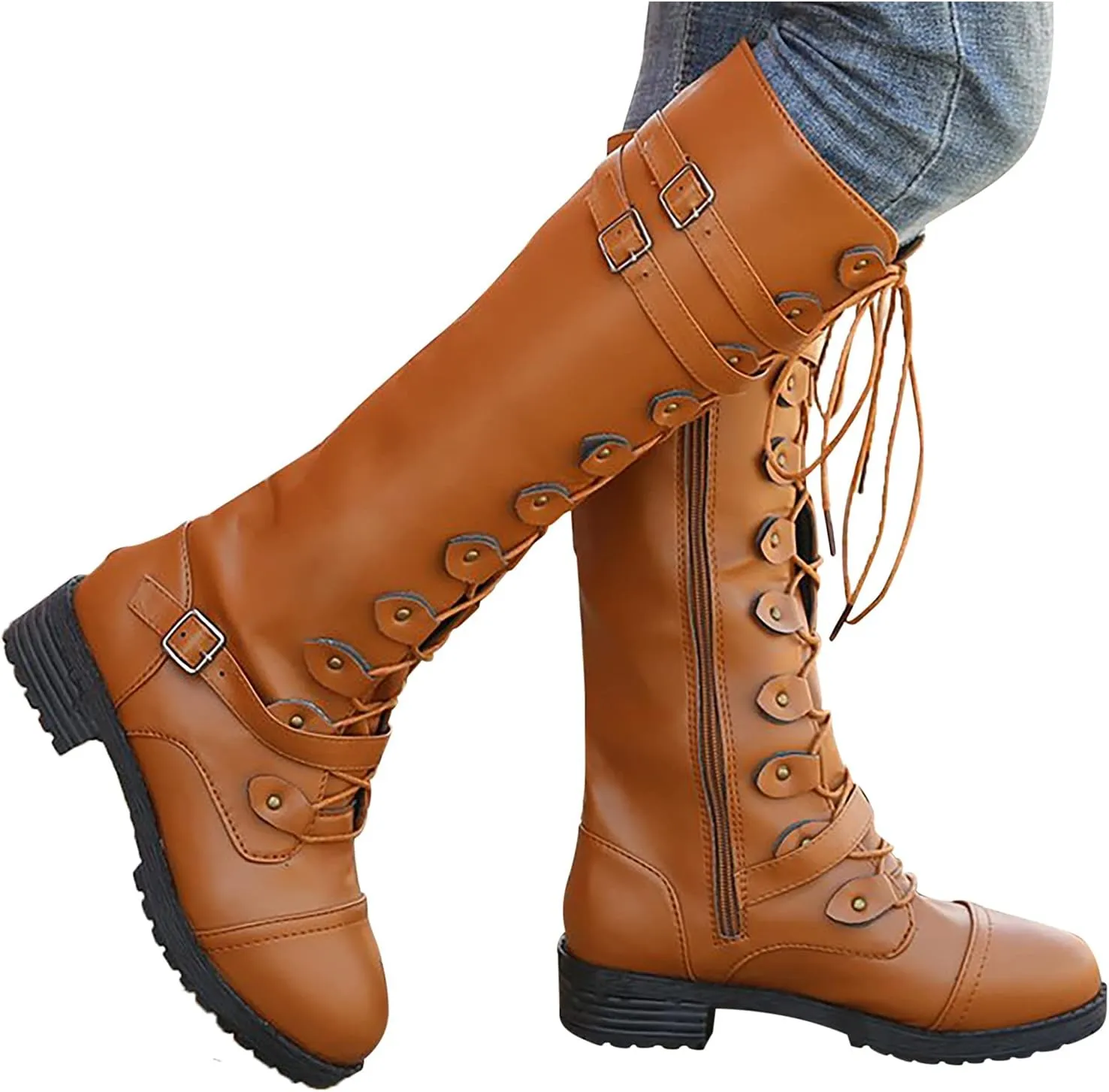 Combat Boots for Women Knee High Boots Military Boots Fashionable Round Toe Chunky Heel Rubber Zip up Outdoor Boots