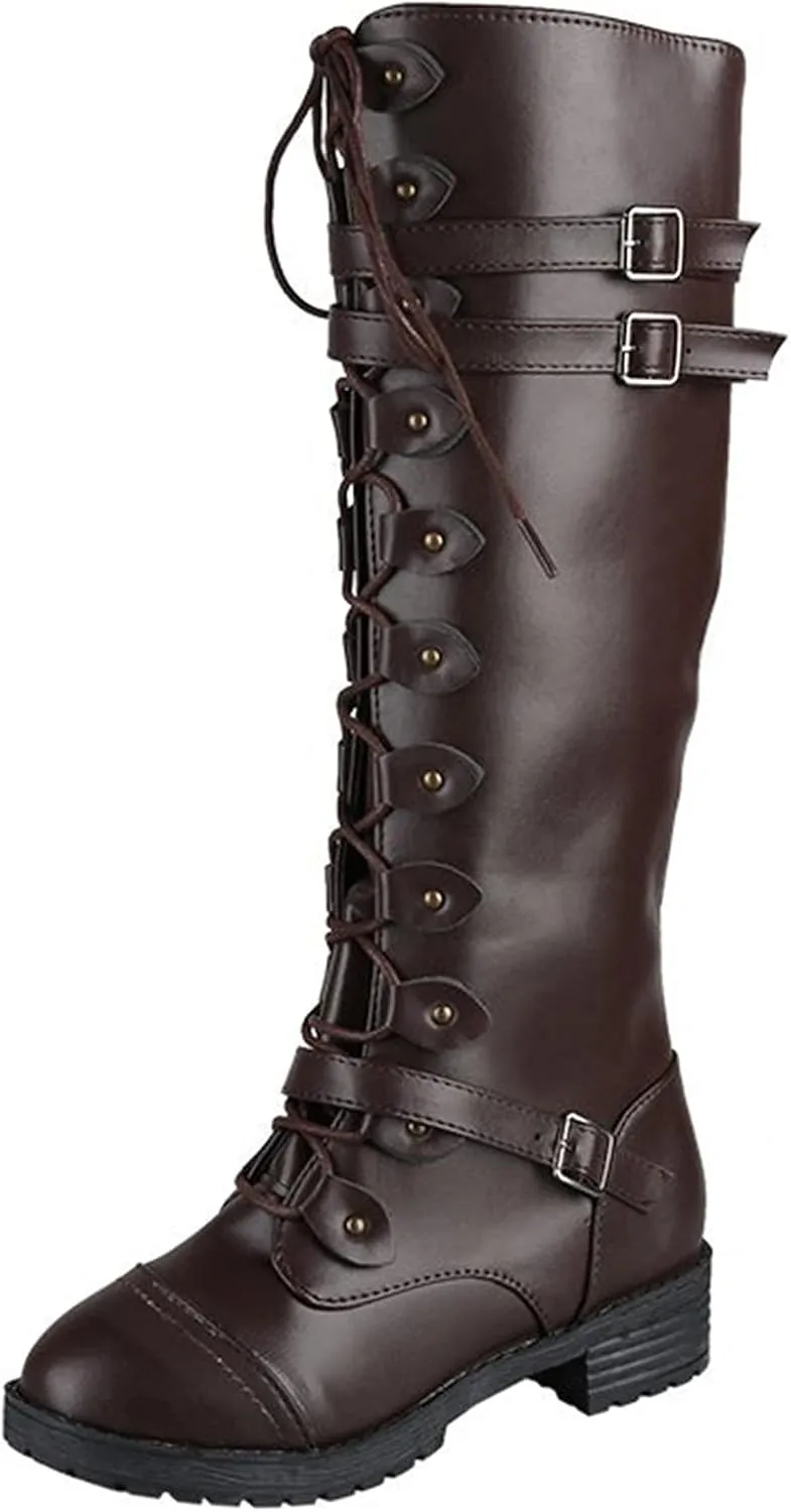 Combat Boots for Women Knee High Boots Military Boots Fashionable Round Toe Chunky Heel Rubber Zip up Outdoor Boots