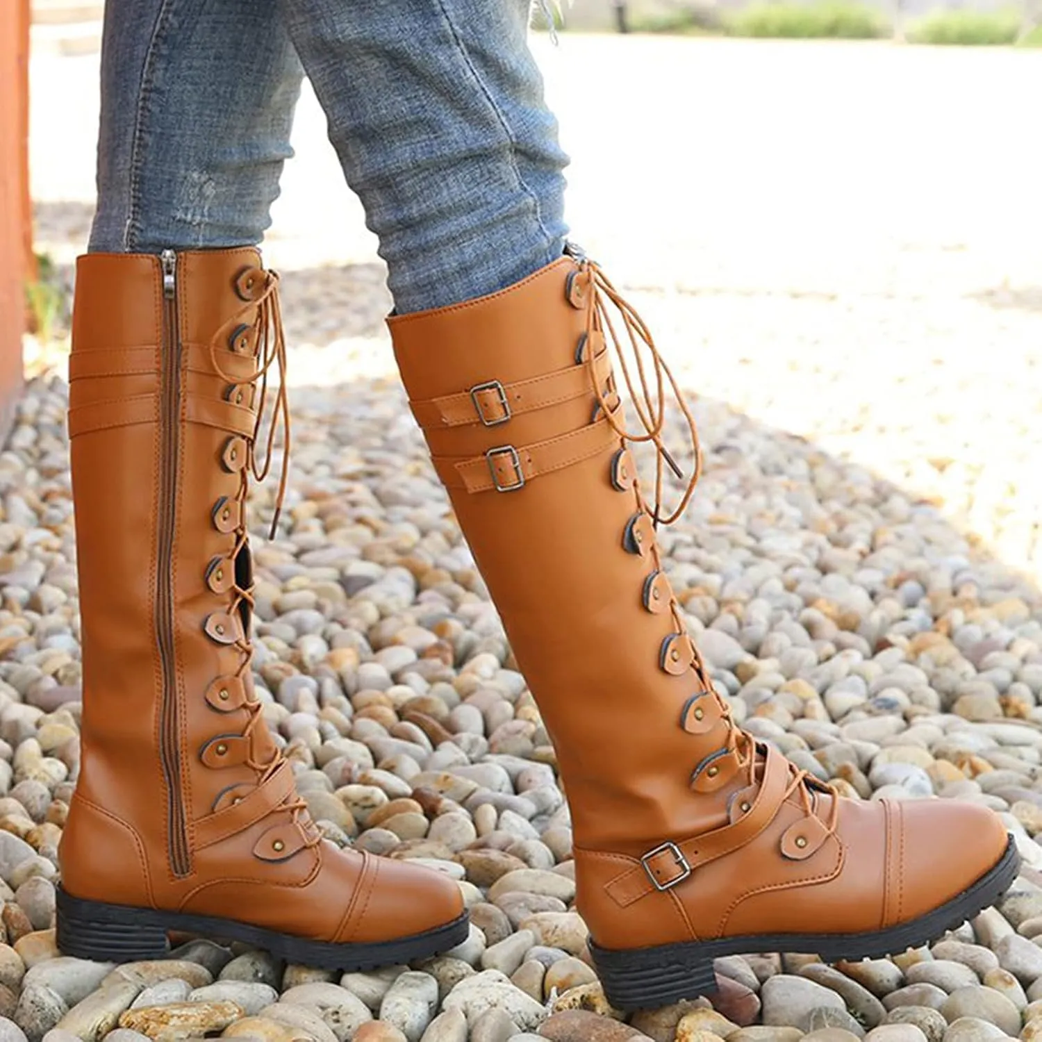 Combat Boots for Women Knee High Boots Military Boots Fashionable Round Toe Chunky Heel Rubber Zip up Outdoor Boots