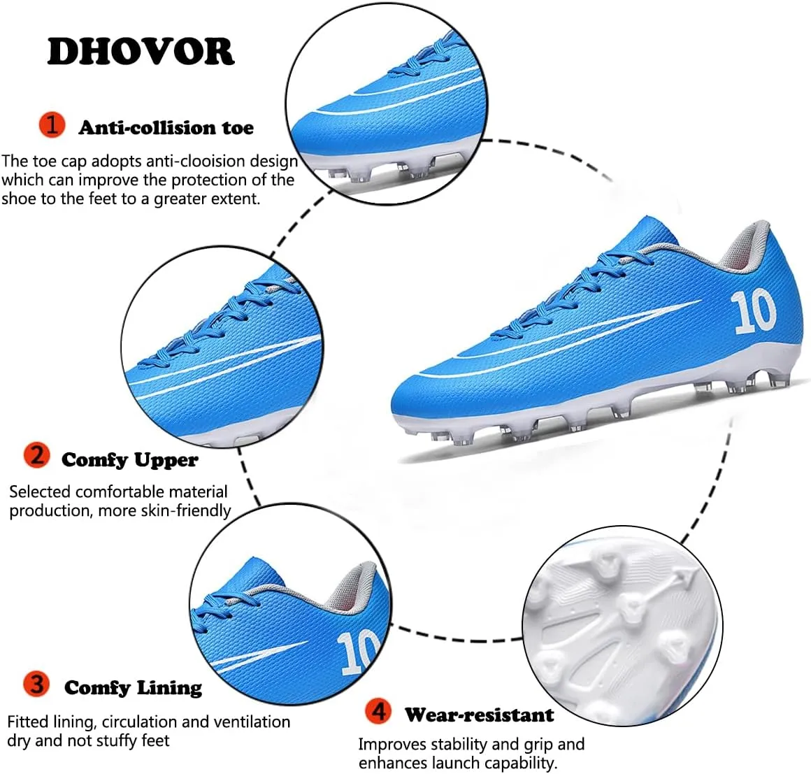DHOVOR Soccer Cleats Men's Football Shoes Youth Lightweight Football Cleats Anti Slip Athletics Football Trainers Indoor Outdoor Soccer Shoes Men