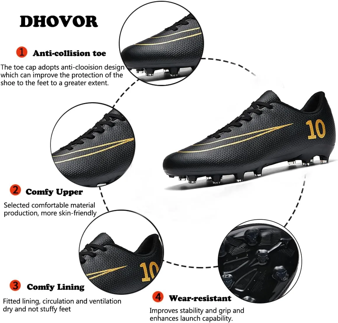 DHOVOR Soccer Cleats Men's Football Shoes Youth Lightweight Football Cleats Anti Slip Athletics Football Trainers Indoor Outdoor Soccer Shoes Men