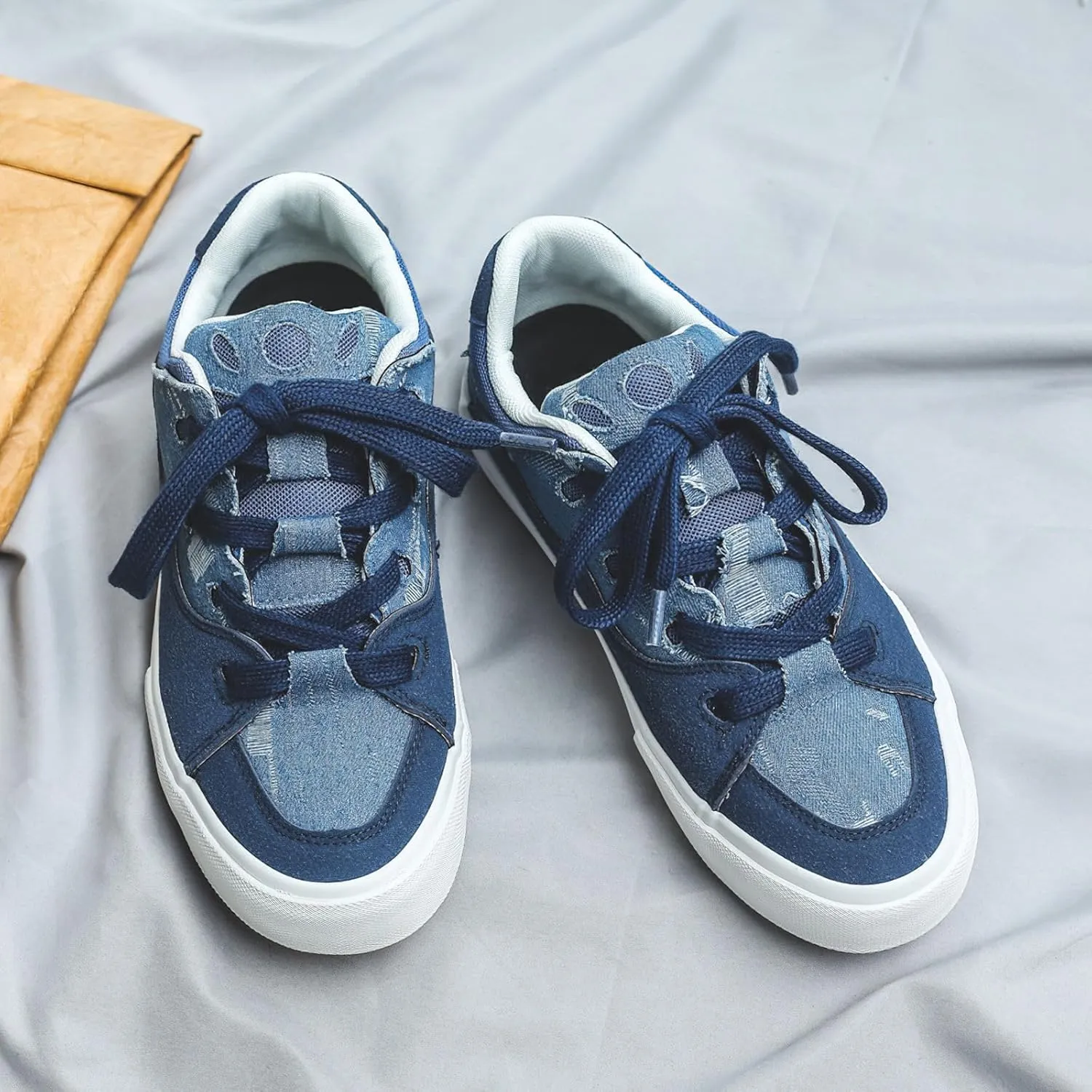Exusiai Mens Low Top Blue Canvas Shoes Flat Fashion Breathable Casual Walking Sneakers School Versatile All-Season Style