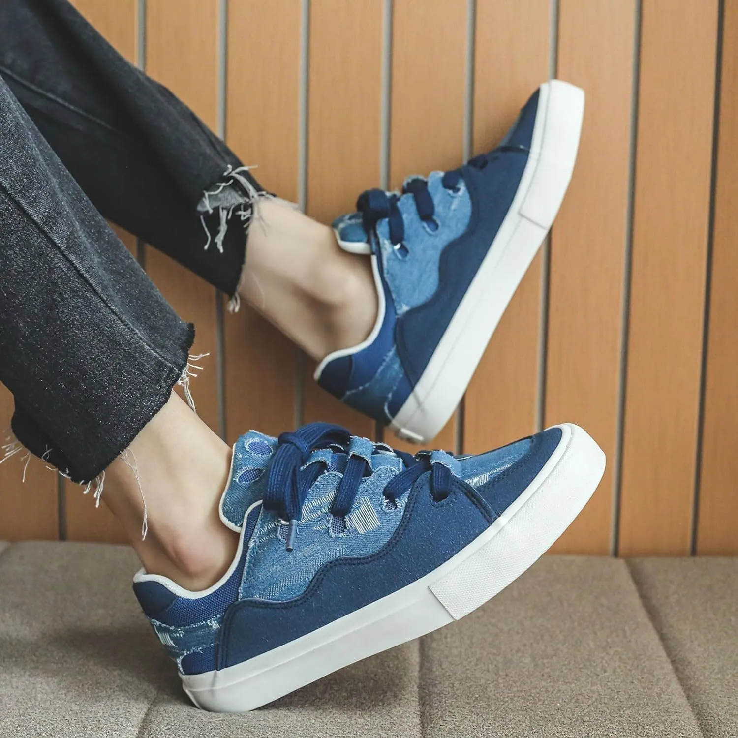 Exusiai Mens Low Top Blue Canvas Shoes Flat Fashion Breathable Casual Walking Sneakers School Versatile All-Season Style