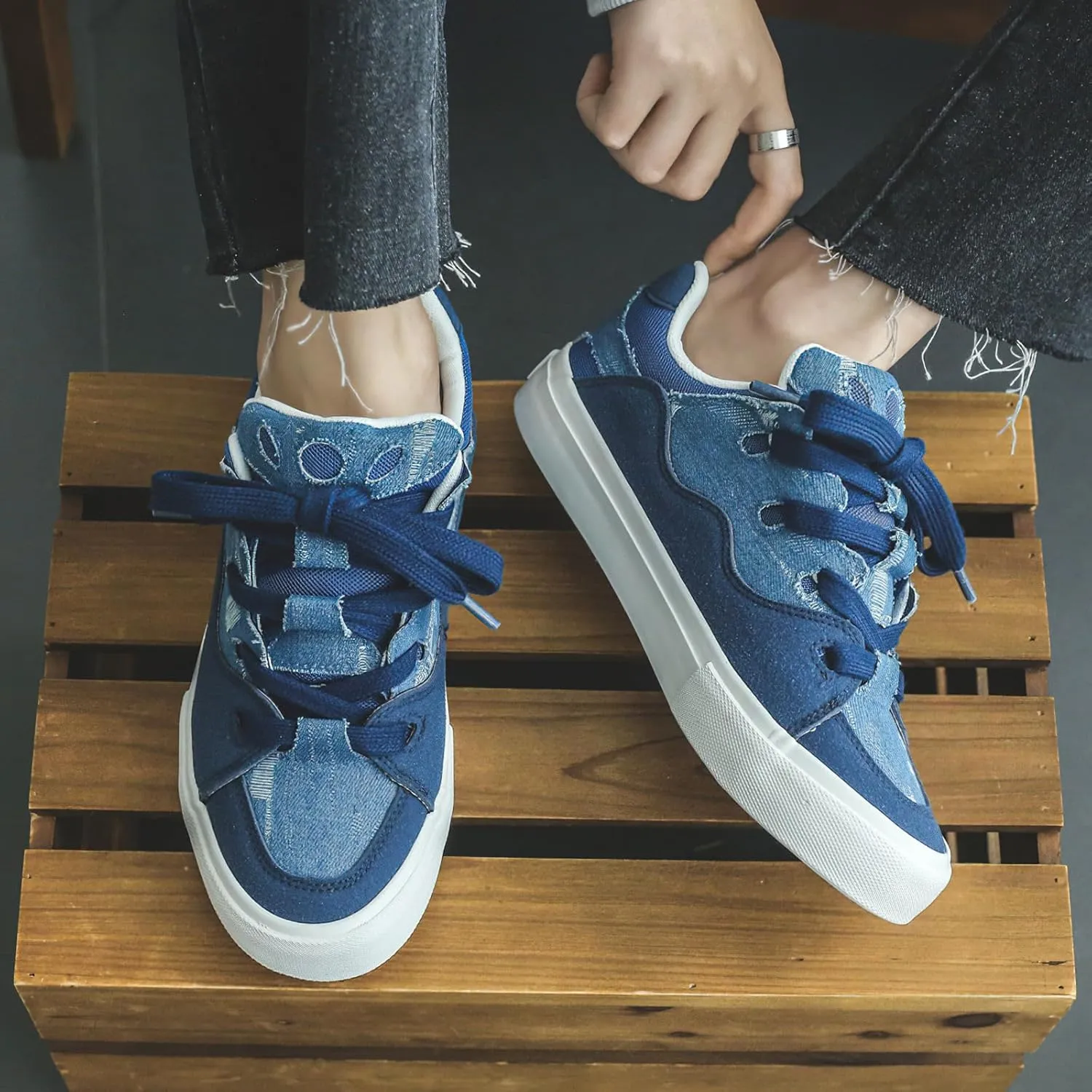 Exusiai Mens Low Top Blue Canvas Shoes Flat Fashion Breathable Casual Walking Sneakers School Versatile All-Season Style