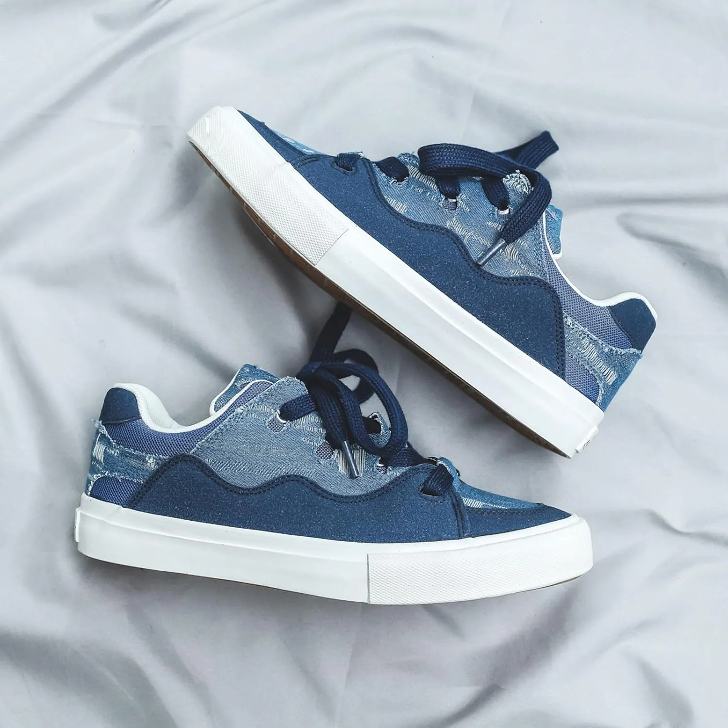 Exusiai Mens Low Top Blue Canvas Shoes Flat Fashion Breathable Casual Walking Sneakers School Versatile All-Season Style