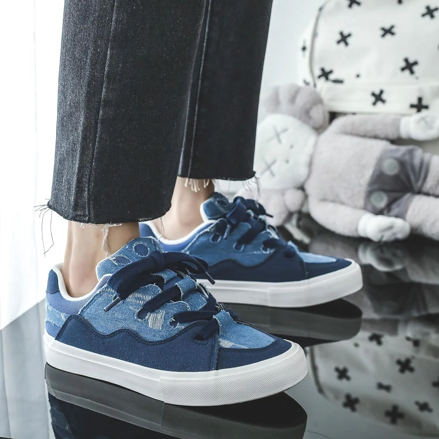 Exusiai Mens Low Top Blue Canvas Shoes Flat Fashion Breathable Casual Walking Sneakers School Versatile All-Season Style