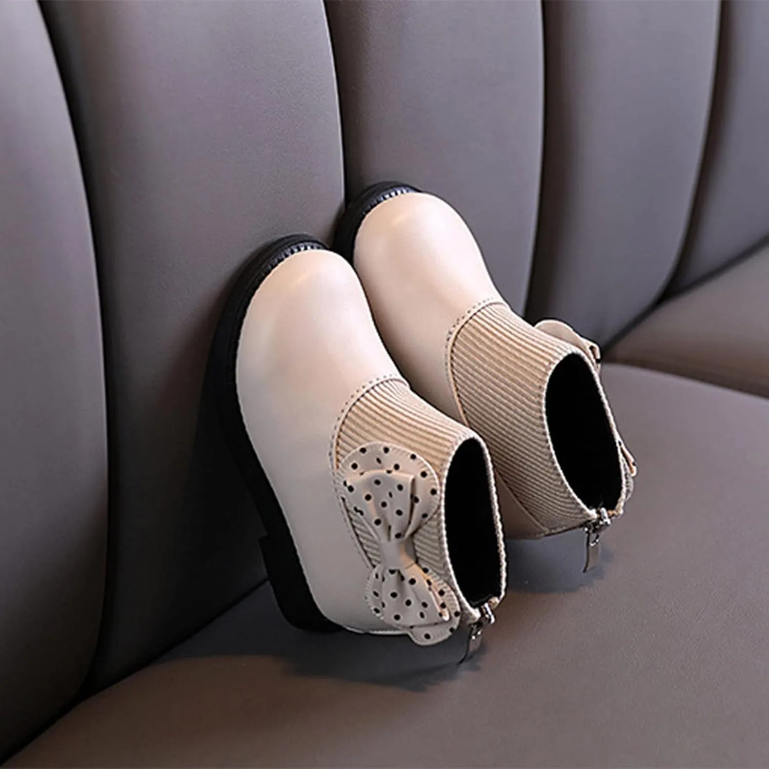 Fashion Autumn and Winter Girls Boots Round Toe Flat Sole Thick Sole Non Slip Back Zipper Cute Polka Girl Shoes Size 13