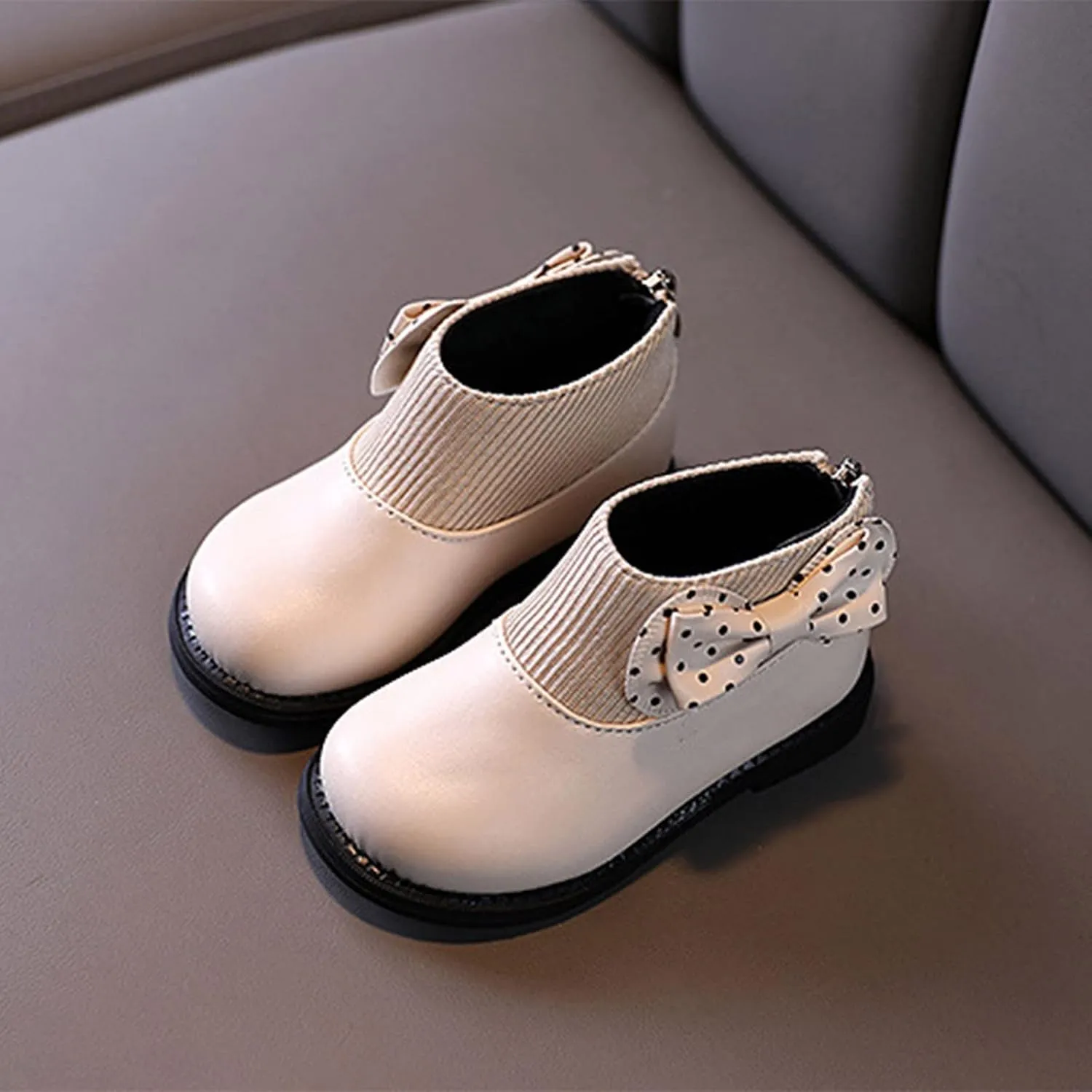 Fashion Autumn and Winter Girls Boots Round Toe Flat Sole Thick Sole Non Slip Back Zipper Cute Polka Girl Shoes Size 13