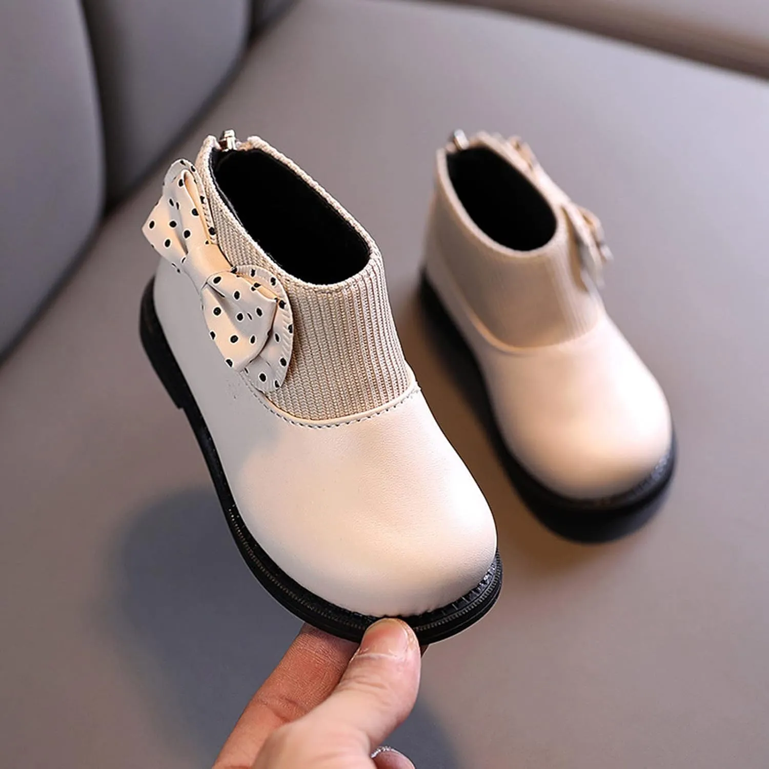 Fashion Autumn and Winter Girls Boots Round Toe Flat Sole Thick Sole Non Slip Back Zipper Cute Polka Girl Shoes Size 13