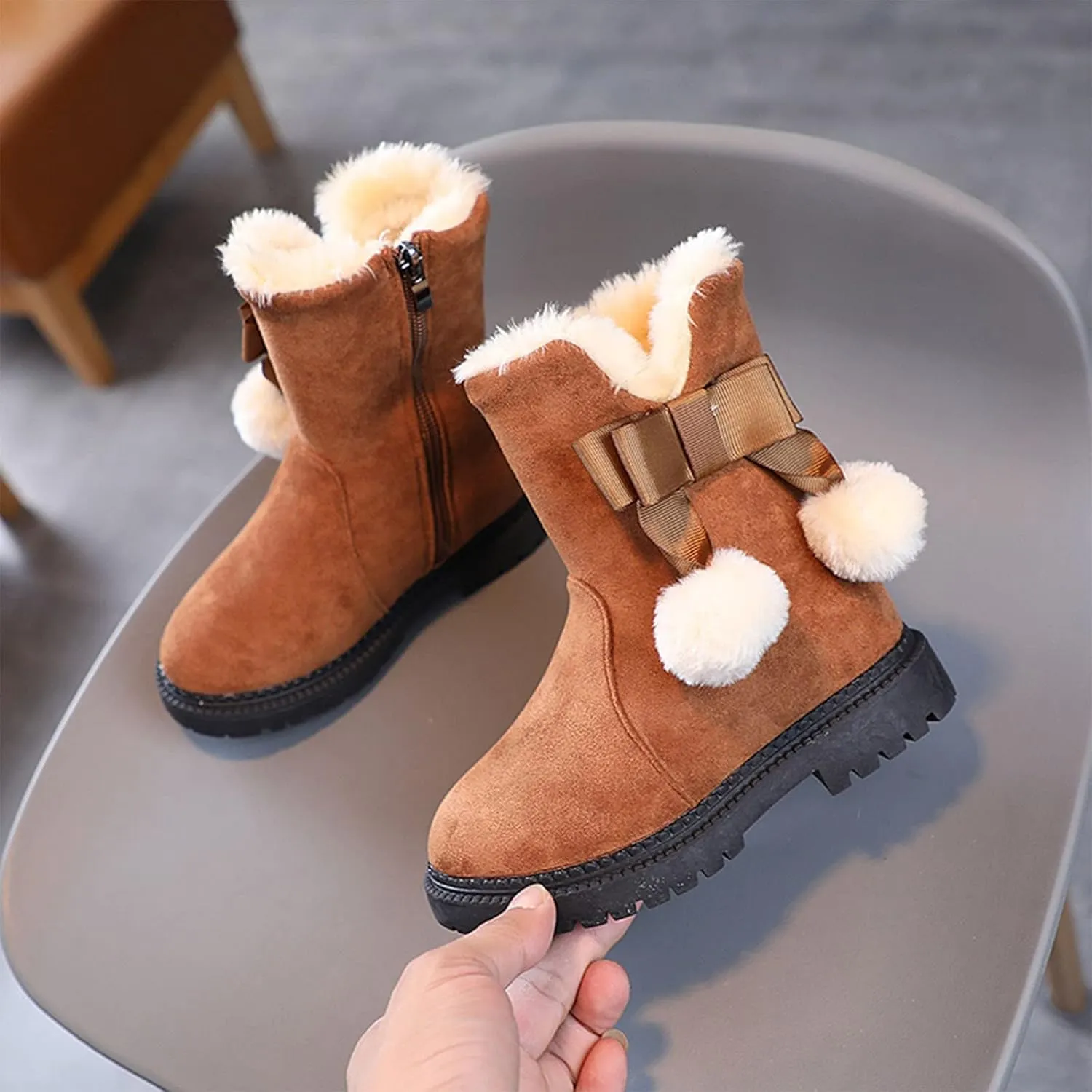 Fuzzy Lined Snow Booties For Toddler Baby Kids Girls Fleece Warm Boots With Side Zipper Winter Outdoor Slip On Shoes